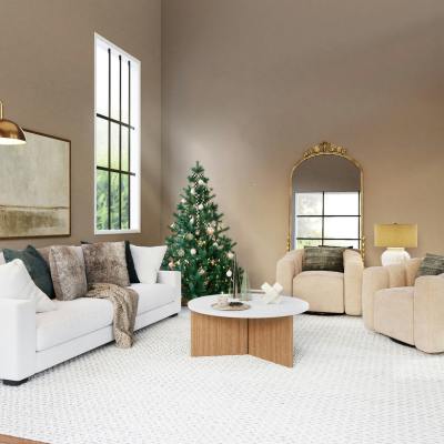 white patterned carpet in living room with neutral toned holiday decor.